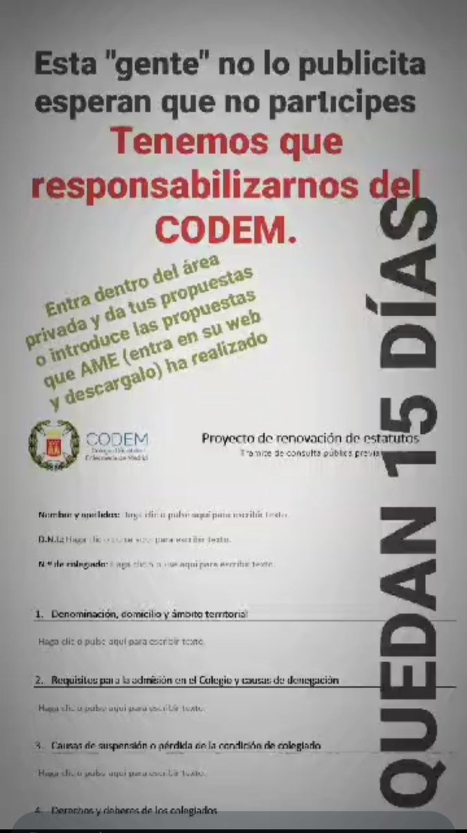 Proyecto renovación estatutos #CODEM

#Participa
#EsTuColegio

@abogadoenferme @SIPEM_CSIT @CsifSaniMad @CCOOSanidadMad @ugt_madrid_sani @UGTPrimariaMad