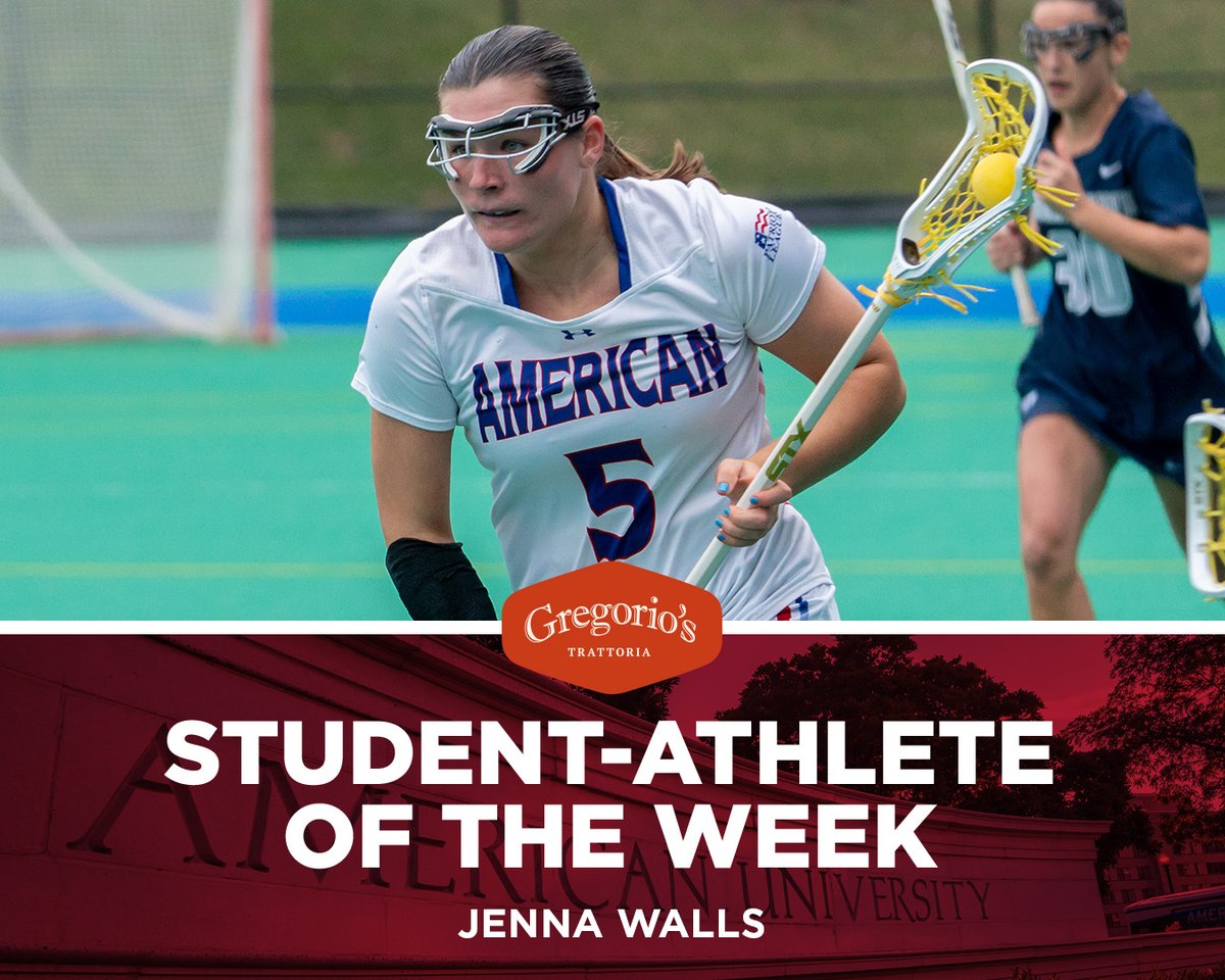 For leading the @AU_Lacrosse defense that allowed just one 2nd-half goal vs. Bucknell, junior Jenna Walls is our Gregorio's Trattoria Student-Athlete of the Week! Walls picked up 5 ground balls and caused 3 turnovers to help lead AU to a 12-9 victory. ➡️ aueagles.link/aow-walls