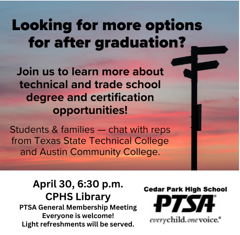 Don't miss the opportunity to find more options for students post-graduation.  April 30th at 6:30 pm in the Library.