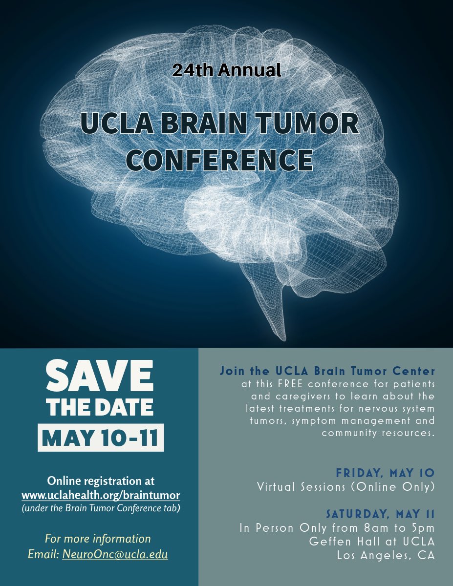 For #braintumor/nervous system tumor patients and caregivers: the @UCLAHealth @UCLANeurology @UCLANsgy Brain Tumor Conf will be on May 10-11. (Virtual & in person) Register for free at uclahealth.org/medical-servic… #BTSM