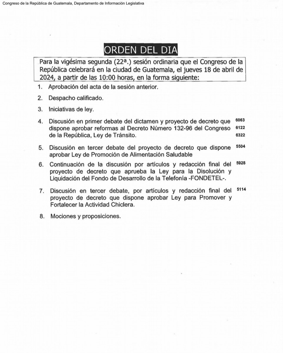 Agendas de sesiones plenarias del 16 y 18 de abril del 2024.