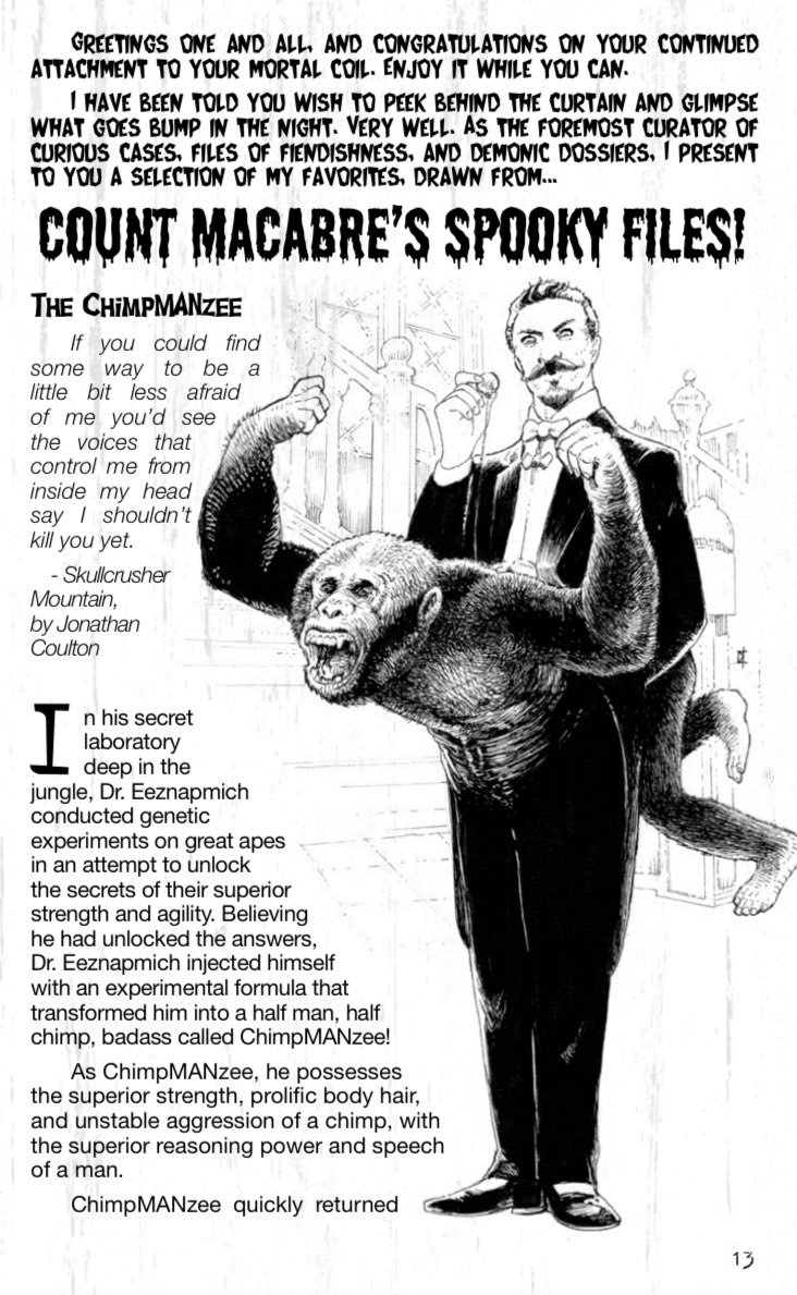Sample page from the upcoming release of our new zine REVEREND WEREWOLF’S OLD TIMEY MONSTER MANIA FAMILY HOUR. Meet the ChimpMANzee, rendered by the great Dave McKenna! Backers, look for it soon!