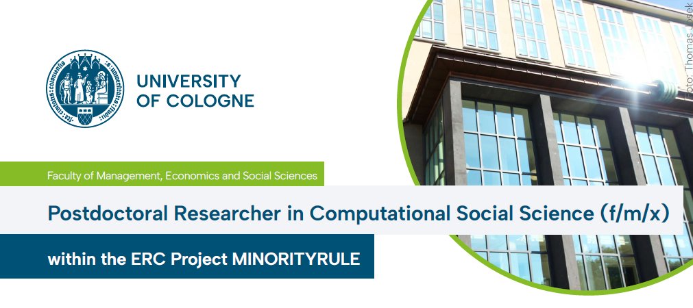 Do you have a #PhD in #politicalscience, computational social science or data science and have strong #programmingskills?🖥️ At @UniCologne’s @WiSoUniCologne we offer a #postdoc researcher position within the #ERC Project #MINORITYRULE ✍️Apply by 05/10: stellenwerk.de/koeln/jobboers…