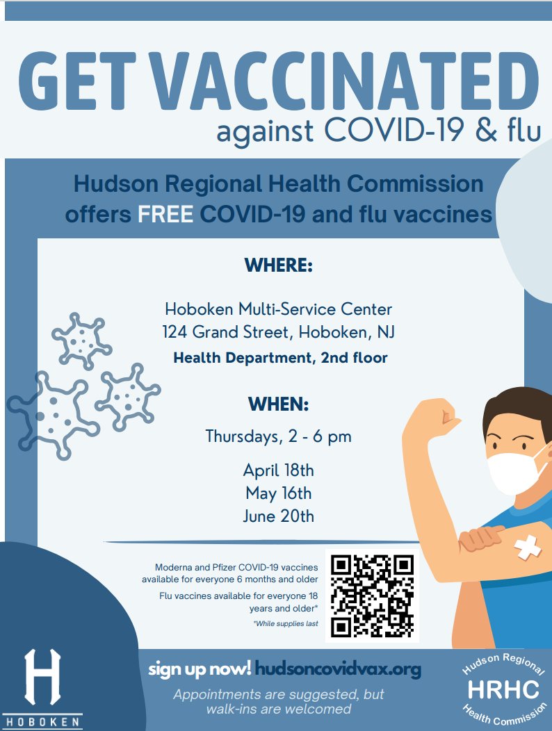 💉The @HobokenHealthNJ & @HudsonRegHealth are partnering to host a COVID-19 and flu vaccine clinic on Thursday, April 18, from 2 - 6 p.m. at the Multi-Service Center, 124 Grand St., second floor. Appointments are encouraged and can be made at:  hudsoncovidvax.org