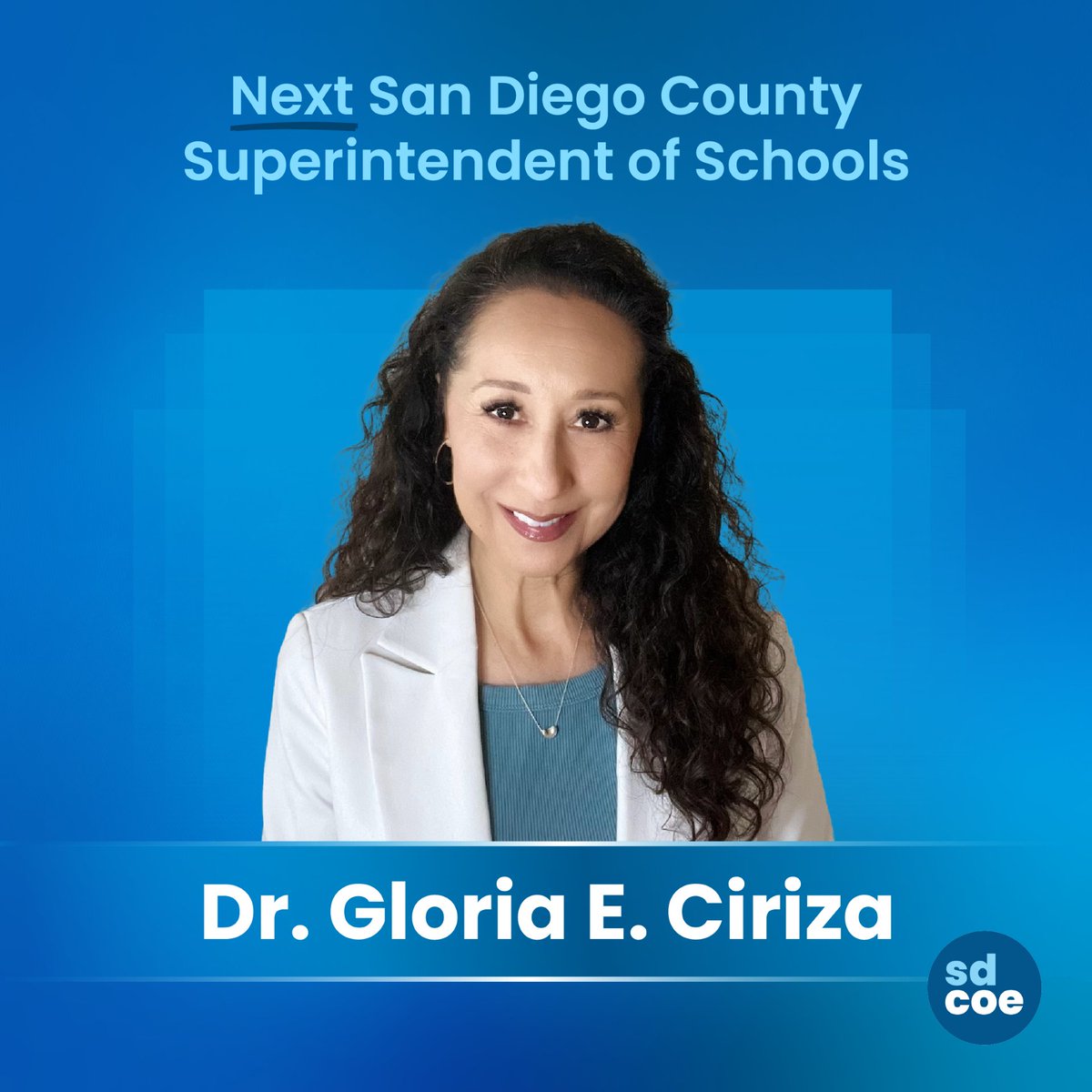 SanDiegoCOE's tweet photo. @SanDiegoCOE's next leader will be Dr. Gloria E. Ciriza! She serves as the SDCOE assistant superintendent of Student Services and Programs and is the county Board of Education's selection to serve as the next county superintendent of schools. Learn more at https://t.co/OqGqnj4rEg https://t.co/WXSk2Yo1QT