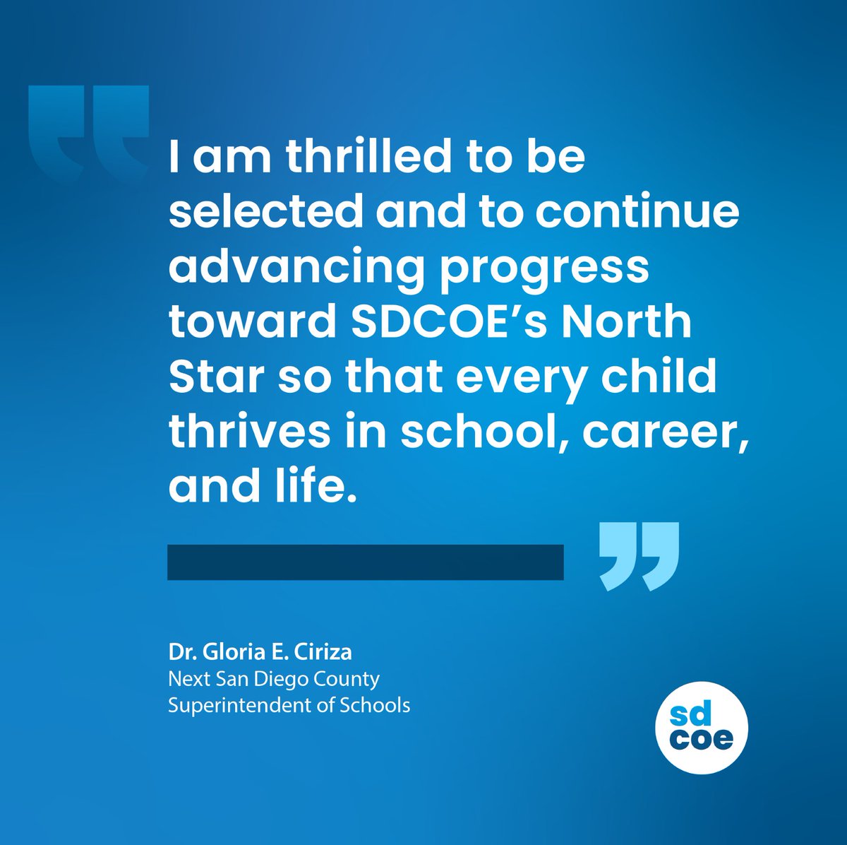 SanDiegoCOE's tweet photo. @SanDiegoCOE's next leader will be Dr. Gloria E. Ciriza! She serves as the SDCOE assistant superintendent of Student Services and Programs and is the county Board of Education's selection to serve as the next county superintendent of schools. Learn more at https://t.co/OqGqnj4rEg https://t.co/WXSk2Yo1QT