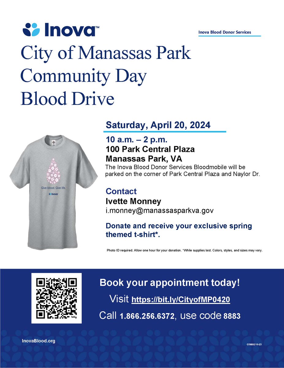 🩸 Join us for a life-saving cause! 💉 📆 When: Saturday, April 20, 2024 ⏱️ Time: 10 a.m. – 2 p.m. 📍 Where: 100 Park Central Plaza, Manassas Park, VA Inova Blood Donor Services Bloodmobile will be stationed at the corner of Park Central Plaza and Naylor Dr.