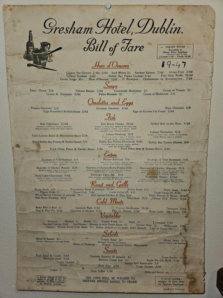 1947 menu from the Gresham Hotel O'Connell Street Dublin. Plenty of options! Thanks to Jacinta Deevey for sending it on. #Ireland