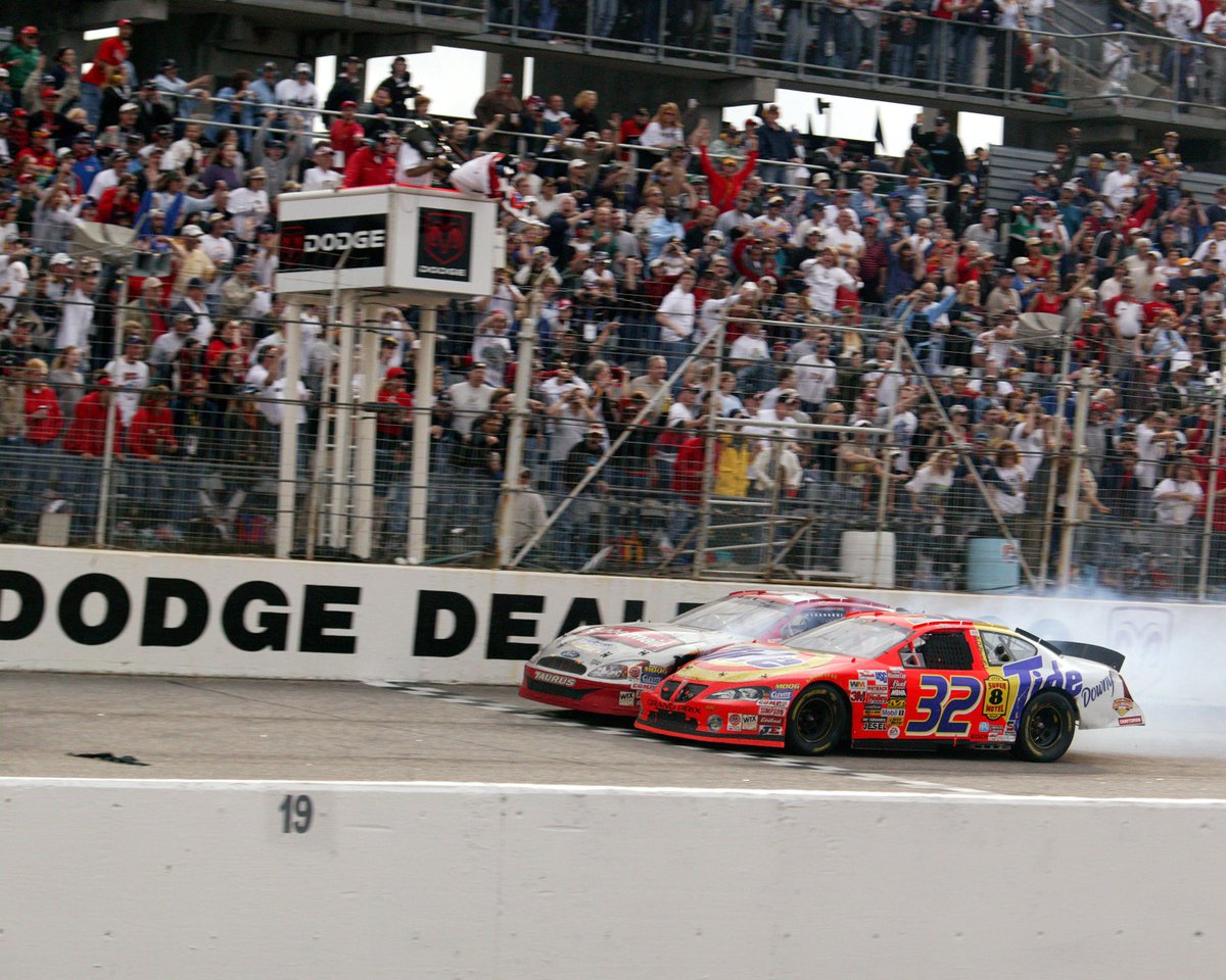 What's more legendary than this finish? In 2003 for our 100th race, @RickyCraven32 & @KurtBusch raced to the finish, where Ricky Craven took the checkered flag 0.002 seconds ahead of Kurt Busch. #NASCARLegends