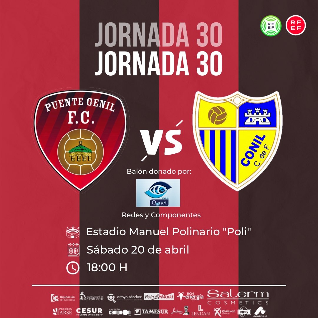 SalermPG's tweet photo. 🔥 ¡Se viene partidazo este sábado en el Manuel Polinario!

🏆 Liga
📌 Jornada 30
🆚 @conilcfoficial 
📅 Sábado 20 de abril
⏰ 18:00 H
🏟️ Estadio Manuel Polinario
⚽️ Balón donado por "Redes y Componentes"

#️⃣ #SalermPuenteGenilConil

#LoMejorEstáPorLlegar | #VamosRojillos https://t.co/zWU4lHqwOl