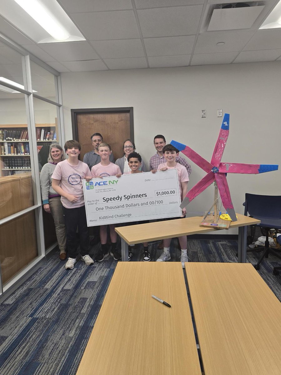 We proudly sponsor our local #KidWind team, the Speedy Spinners from Sand Creek Middle School who will be competing at the @KidWind_Project World Challenge in May. Thanks to @TheAESCorp for speaking to the group about a career in renewables. Good luck! @csd_south @CapRegionBOCES