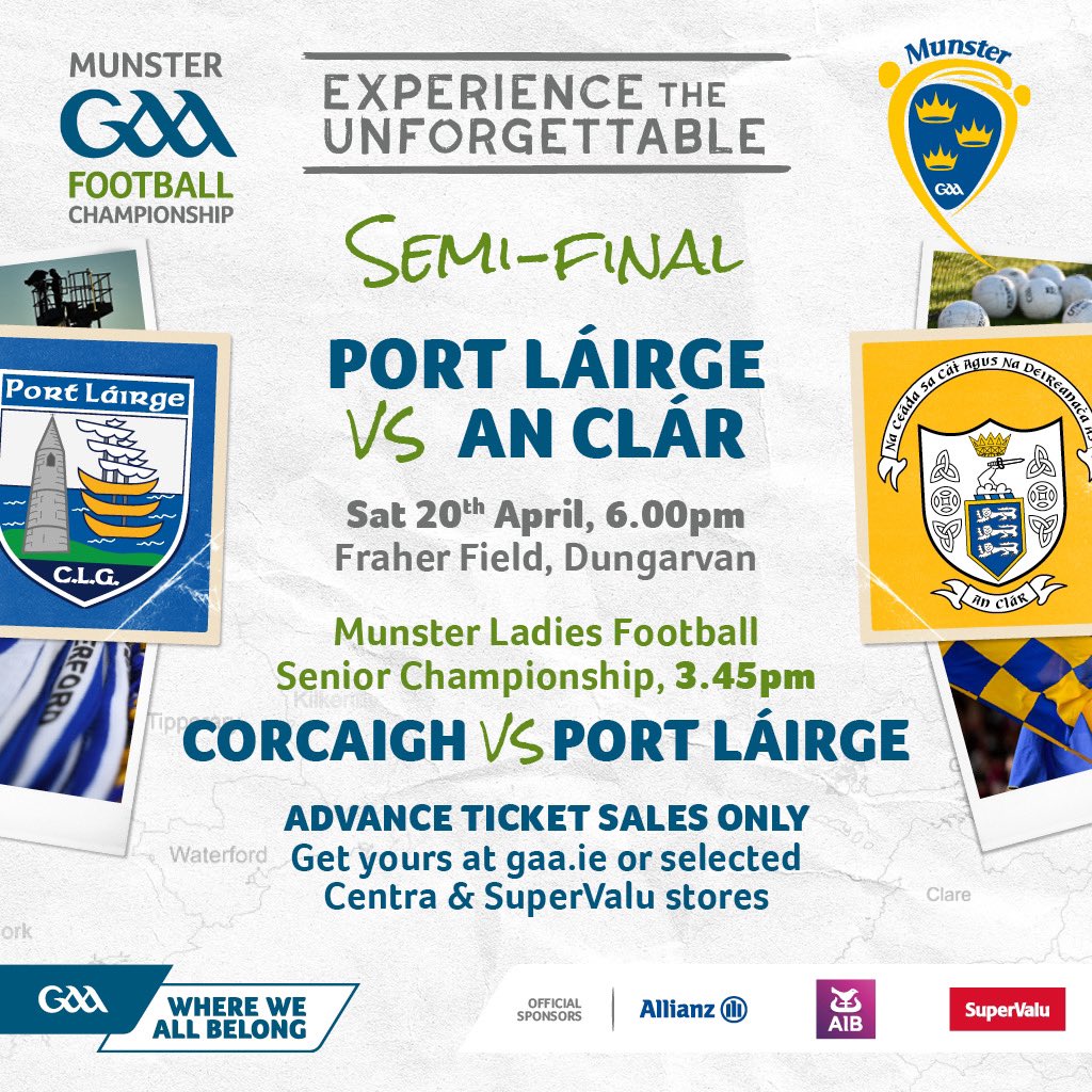 Big championship tie ahead for the Banner Footballers this Saturday- Clare make the trip to Dungarvan to take on Waterford with a 6pm throw in at Fraher Field. Tickets available at participating Centra and SuperValu stores and online at am.ticketmaster.com/gaa/24FR2004