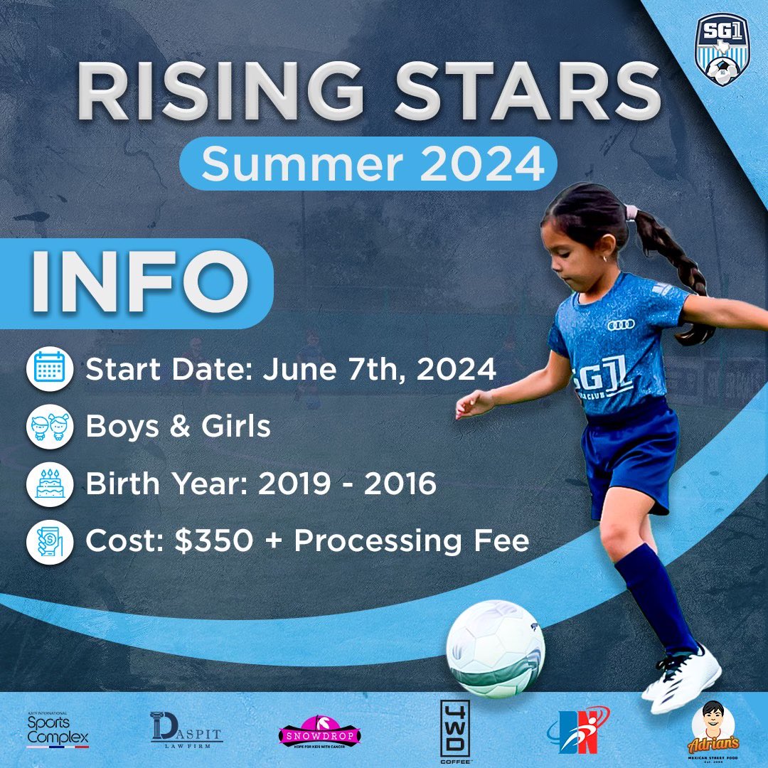 ⭐️SG1 RISING STARS PROGRAM – Summer 2024⭐️ ⭐️REGISTRATION NOW OPEN! ⭐️Our Rising Stars program is designed for both boys and girls with birth year 2019 – 2016. ⭐️Program period: June 7, 2024 – August 3, 2024 ⭐️REGISTRATION LINK⬇️🔗 sg1soccer.sportngin.com/register/form/…