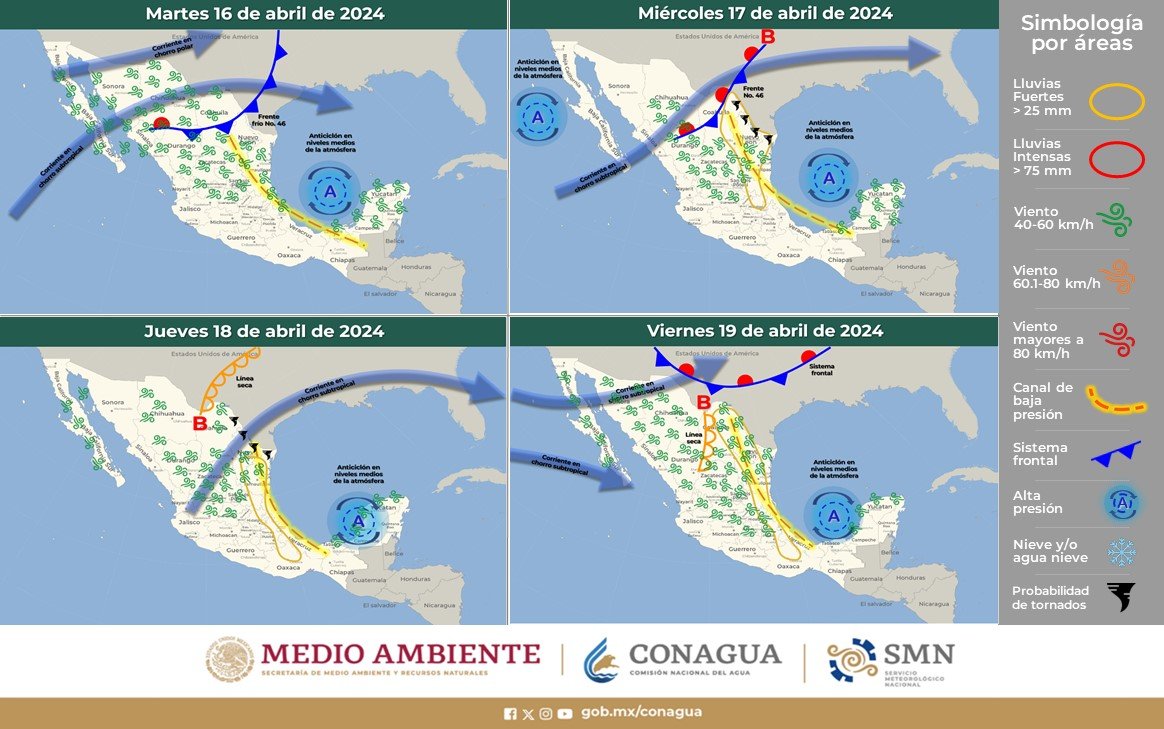 conagua_clima's tweet photo. ⚠️☀️#OndaDeCalor mantendrá ambiente caluroso a muy caluroso en la mayor parte de #México, excepto en el noroeste donde el paso del #FrenteFrío Núm. 46 propiciará ambiente templado a cálido.  

Ve el #Pronóstico a 96 horas ⬇️ https://t.co/9TaD34gu5a https://t.co/kEe7i3vUaB