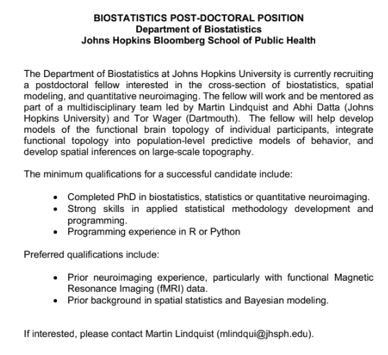 Post-doc position available in Biostatistics @JohnsHopkinsSPH - contact Dr. Lindquist (@fMRIstats) if interested! #postdoc #fmri #biostatistics #brainimaging