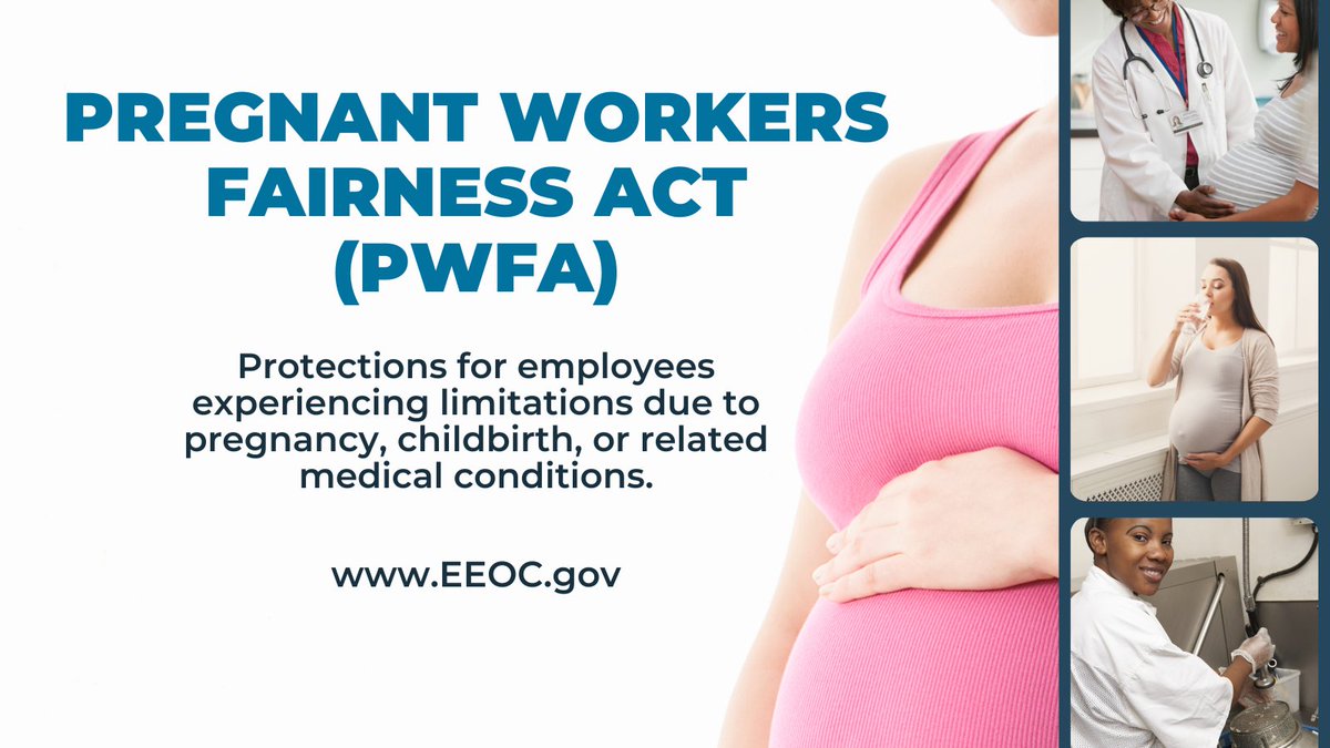 #NEW PWFA final rule and guidance provides detailed information and clarity to employers and workers about who is covered under the law, the types of limitations and medical conditions covered, and examples of reasonable accommodations. eeoc.gov/newsroom/eeoc-… #PWFA #Pregnant