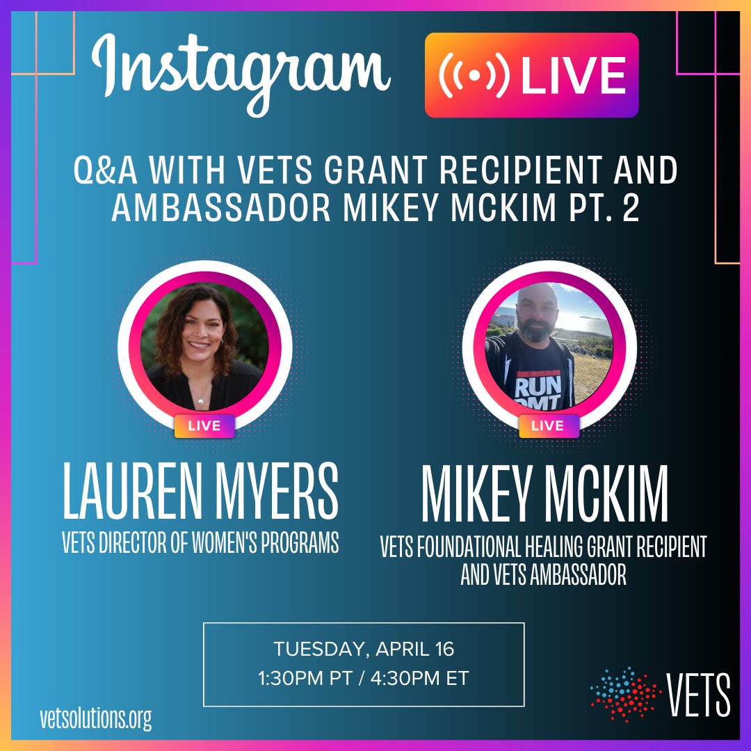 You all had so many questions for Lauren and Mikey that we’re coming back with a Part 2! 🎙️Tune into VETS IG Live tomorrow with VETS Foundational Healing Grant Recipient and VETS Ambassador, Mikey McKim and VETS Director of Women’s Programs, Lauren Myers! instagram.com/veteransolutio…