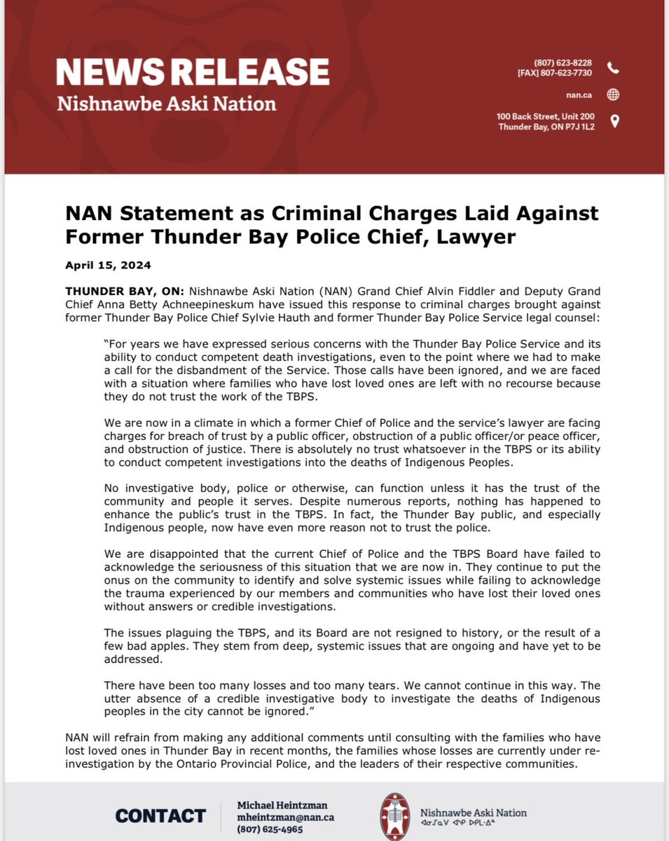 Nishnawbe Aski Nation leaders have issued this statement following today’s Thunder Bay Police Service & board press conference, saying the new police & board leadership has “failed to acknowledge the seriousness of the situation they’re in.”