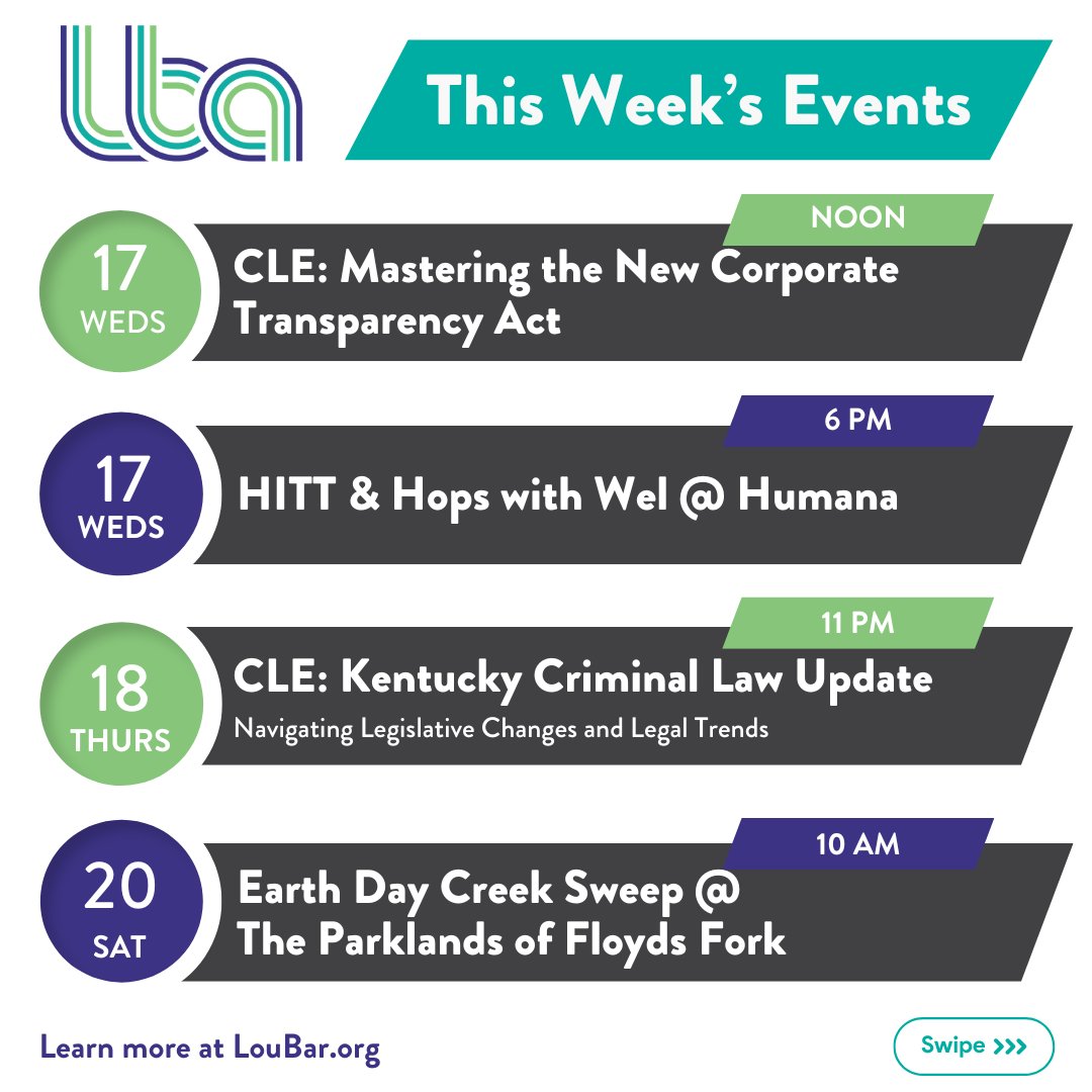📅 Coming up this week at the LBA!

Whether you're looking to gain CLE credits, get active or get outside, we've got a little bit of everything going on! For more details and to explore the full event calendar, head to loubar.org. #Law #Community #Education