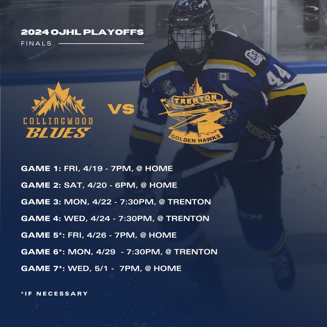 🏒 FINALS SCHEDULE! 🏒

Blues face off against Trenton Golden Hawks in the Finals! Secure your tickets now and LINK IN BIO! Let's pack the Eddie! 🎟️ 

#CollingwoodSteam #PoweredByNutrafarms 

📸 OJHL Images ^cbmb