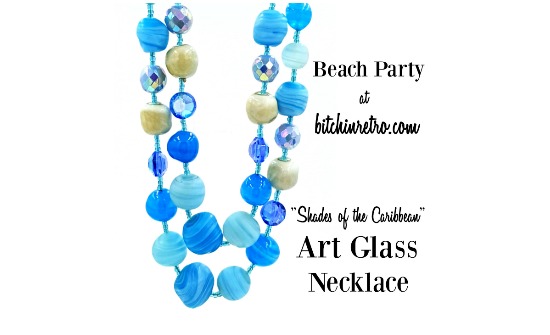 Beautiful #artglass necklace in amazing shades of aqua blue. Opaque beads alternate with lovely translucent glass. Add in aurora borealis rhinestones for a #retro beauty in all the shades of the #CaribbeanSea. #bitchinretro #mothersdaygifts #vintagestyle bitchinretro.com/products/art-g…