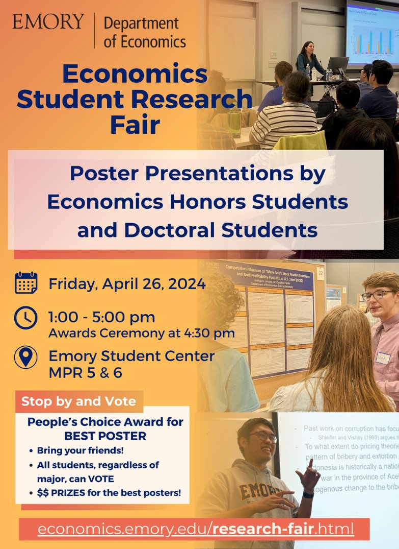 The Department of Economics will host a Student Research Fair on April 26, from 1 – 5 pm, with the Award Ceremony starting at 4:30 pm. Check out the full event description here: rb.gy/ee7evl Visit the webpage for more information as well: rb.gy/6y4aru