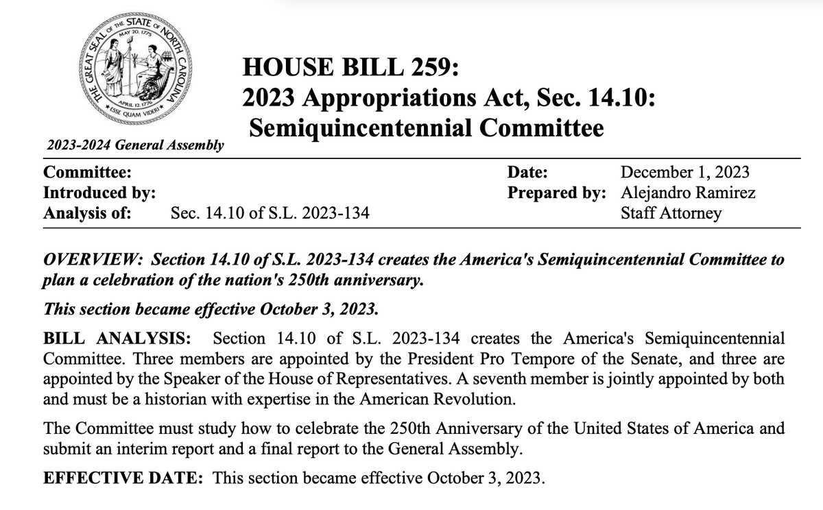 🇺🇸🎉 The NC Semiquincentennial Committee, tasked with planning the nation's 250th anniversary celebration is scheduled to meet tomorrow at the #NCGA. #USA250 #NCpol