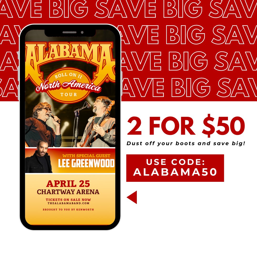 ⭐️ DISCOUNT ALERT ⭐️ 2 FOR $50! Grab your tickets while supplies last to see Alabama on April 25! Use Code: ALABAMA50 🎟️: bit.ly/Alabama2024