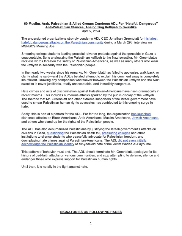 CAIRNational's tweet photo. Below, you can read the full joint statement issued by 60 Muslim, Arab, Palestinian and allied groups condemning the @ADL and @JGreenblattADL for their ongoing and escalating campaign to dehumanize Palestinians and endanger Americans who support their human rights. https://t.co/nxrxEazFMB