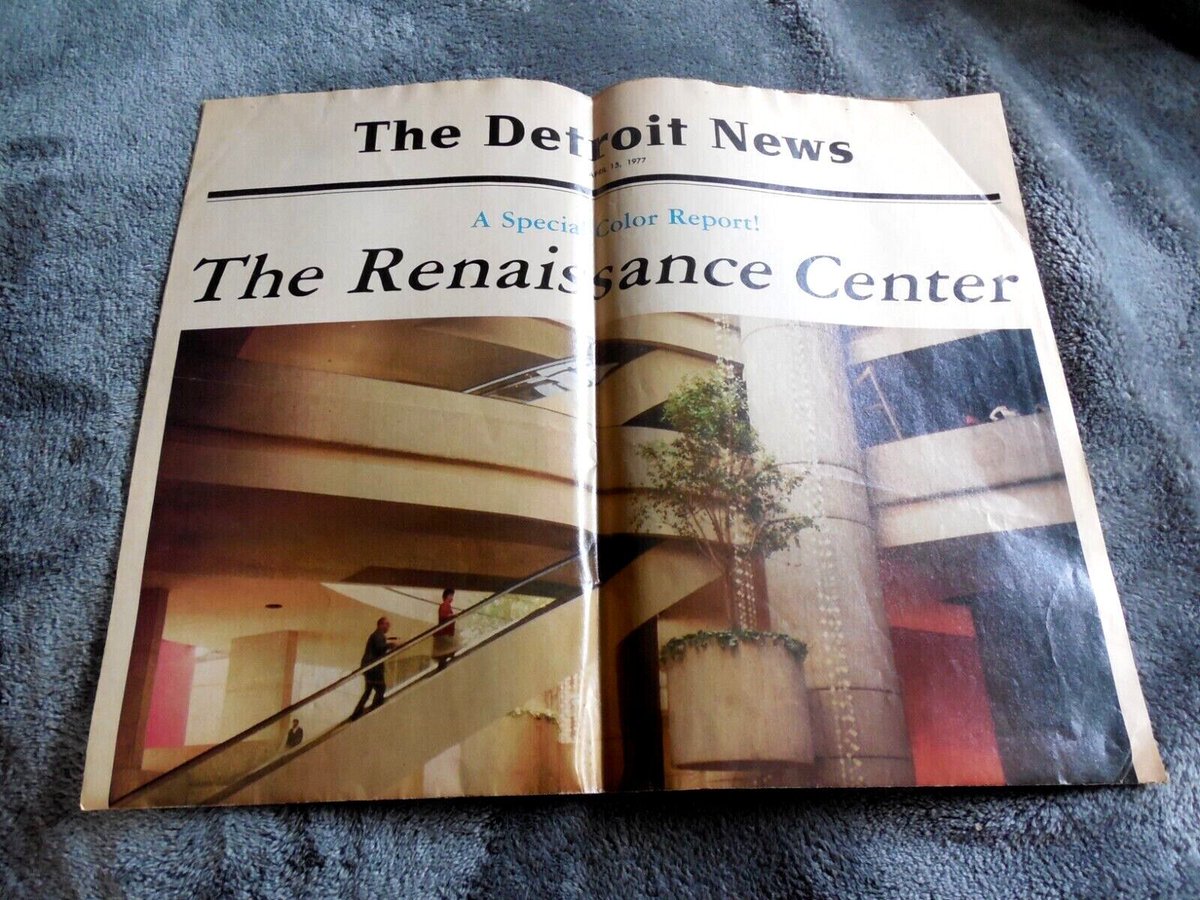 The @GM announcement about moving from Renaissance Center to the new Gilbert tower comes on the same calendar date, April 15, that the Renaissance Center opened in 1977. Here's a @detroitnews 'special color report' on April 15, 1977.