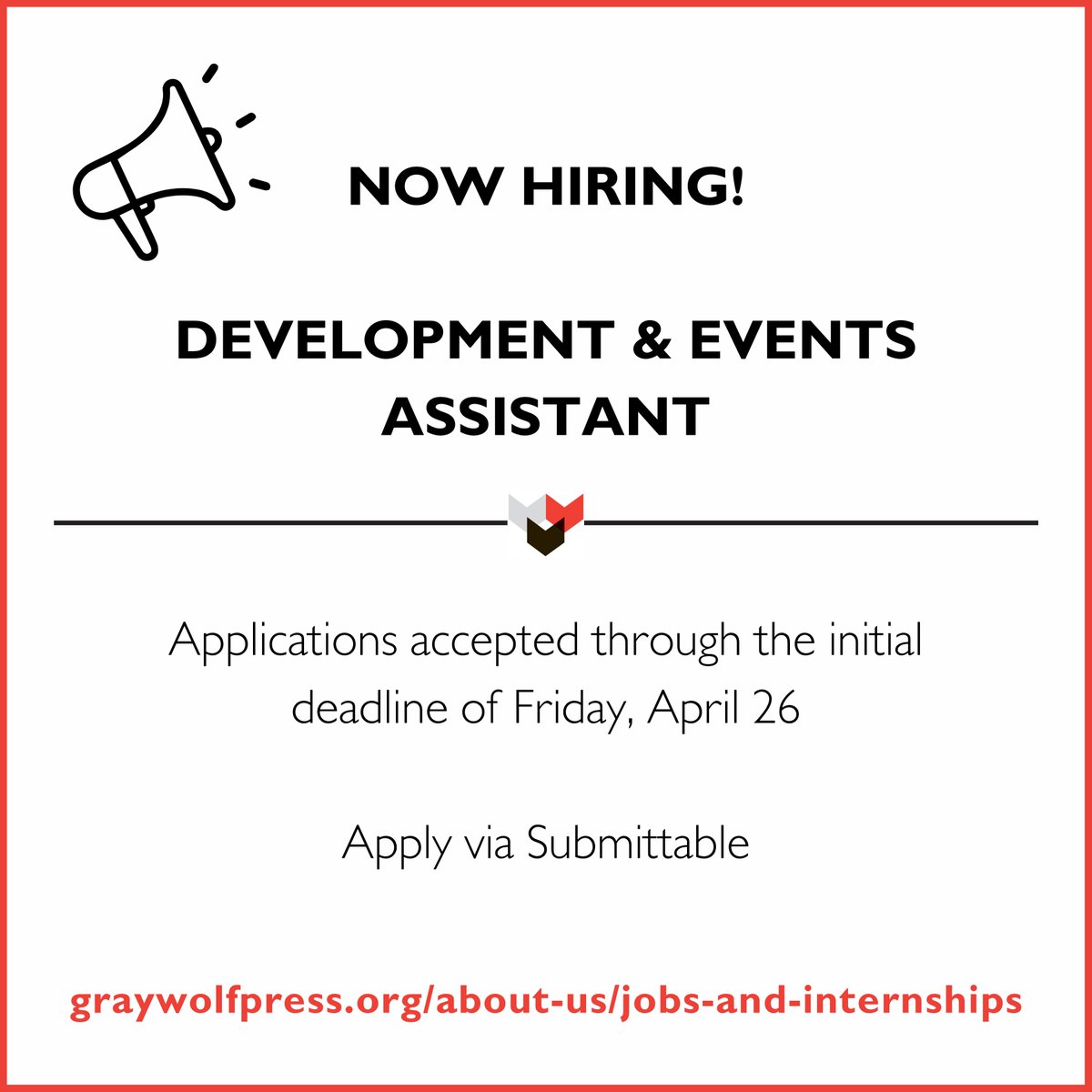 📢 Job opening! Apply to join Graywolf's team as a Development & Events Assistant by April 26th ⬇️ graywolfpress.submittable.com/submit/293828/…