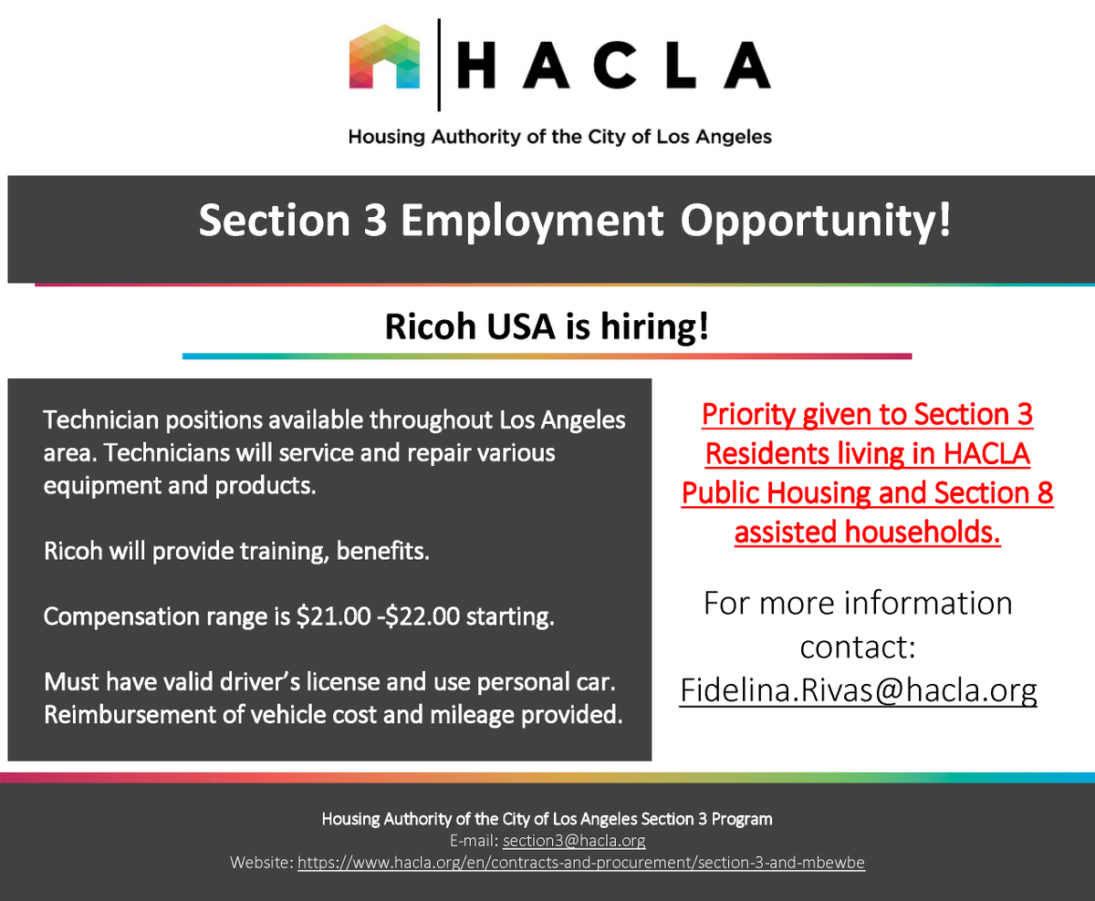 Employment Opportunity 📢 Ricoh USA is hiring Technicians under the #Section3 program. Priority is given to residents living in HACLA Public Housing or Section 8 assisted households. 📩Contact Fidelina.Rivas@hacla.org for more information.