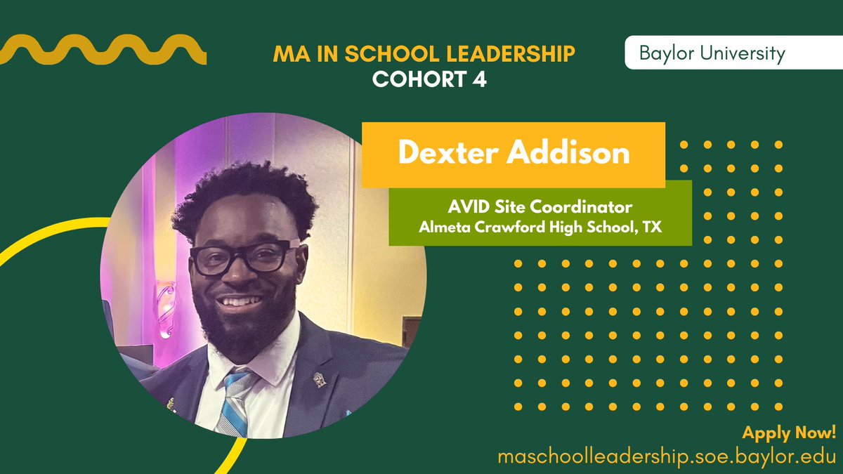 Dexter Addison is joining our #BaylorLeads family! @Coach_Aye is taking his leadership to the next level at @FortBendISD through the @BaylorSOE MA in School Leadership. It’s never too early to apply for Cohort 5 starting June of 2025! maschoolleadership.soe.baylor.edu