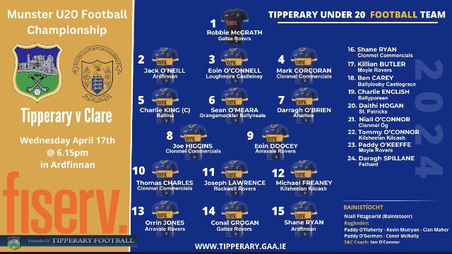 The Tipperary Under 20 Football team to play Clare on Wednesday evening at 6.15pm in Ardfinnan has been named. #tipperarygaelicfootball