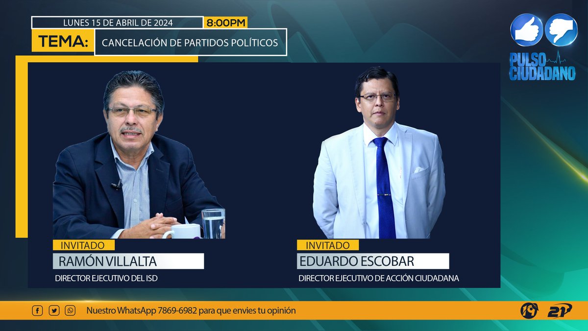 #PulsoCiudadano 📺 | Esta noche analizaremos los efectos de la cancelación de partidos políticos por parte del Tribunal Supremo Electoral (TSE). Nos acompañarán: <a href="/JRamonVillalta/">Ramón Villalta</a>, director ejecutivo del <a href="/ISDemocracia/">ISD El Salvador</a>, y Eduardo Escobar (@esec76), director de <a href="/CiudadanaAccio1/">Acción Ciudadana</a>.