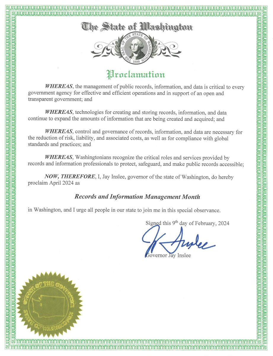 April is Records and Information Management Month! WA Gov. Jay Inslee signed this proclamation, recognizing that the management of public records, information, and data is critical to every government agency for effective and efficient operations. #RIMMonth
