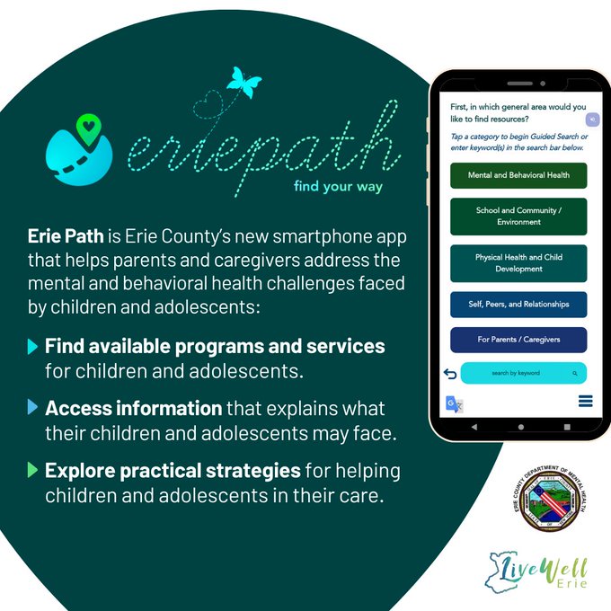 Erie Path is Erie County's new smartphone app that helps parents and caregivers address the mental and behavioral health challenges faced by adults, children and adolescents. Learn more and download on your device today: www3.erie.gov/mentalhealth/e…