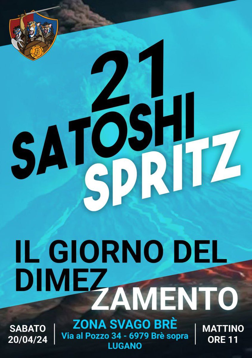 BITCOIN HALVING PARTY LUGANO In occasione dell'Halving, ci vediamo sul Monte Brè per celebrare l'occasione con una grigliata aperta a tutta la community. 👉ISCRIZIONE: t.me/SatoshiSpritzL… 📅 Sabato 20.04.24 🕛Dalle 11 📍Zona Svago Brè, Via al Pozzo 34, 6979 Brè sopra