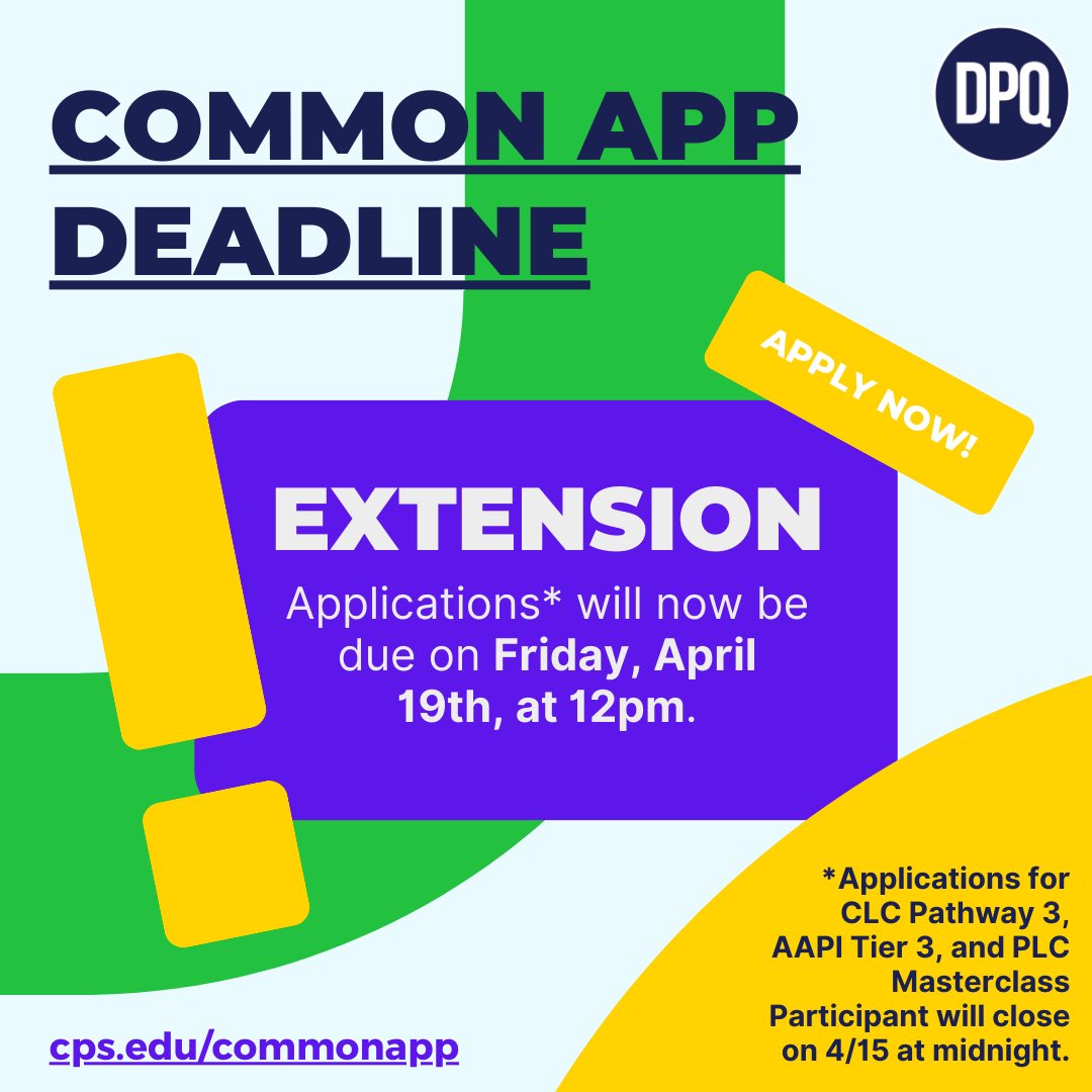 Apply NOW with the Common App, it’s not too late! The deadline to submit has been extended to this Friday, April 19th, at 12pm. Only select programs will close at midnight tonight. sites.google.com/cps.edu/common…