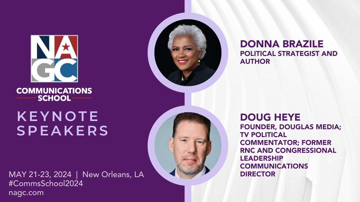 We're excited to welcome @DougHeye & @donnabrazile to #CommsSchool2024! Join us for this keynote session as they share their experience navigating the complexities of communicating in today's politically charged landscape.

To learn more or register, visit bit.ly/CommsSchool24