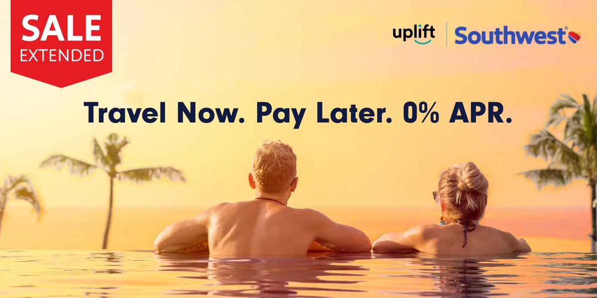 Uplift (@gouplift) on Twitter photo Good news! The <a href="/SouthwestAir/">Southwest Airlines</a> 0% APR offer has been extended. Book a Wanna Get Away Plus®, Anytime, or Business Select® ticket from now until April 30th and get 0% APR when you pay over time. Learn more: southwest.com/book-now-pay-l… Good news! The <a href="/SouthwestAir/">Southwest Airlines</a> 0% APR offer has been extended. Book a Wanna Get Away Plus®, Anytime, or Business Select® ticket from now until April 30th and get 0% APR when you pay over time. Learn more: southwest.com/book-now-pay-l…