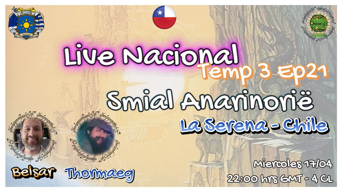 Este Miércoles 17 de abril a las 22:00 horas Chile en "Conociendo a las Sociedades Tolkien" esta vez conoceremos al Smial Anarinorië, perteneciente a la Sociedad Tolkien Chilena
Estaremos con Ignacio “Belsar” y Marcelo “Thormaeg”
NO SE LO PIERDAN. <a href="/TolkienChile/">Sociedad Tolkien Chilena</a> <a href="/Anarinorie/">Smial Anarinorië</a>