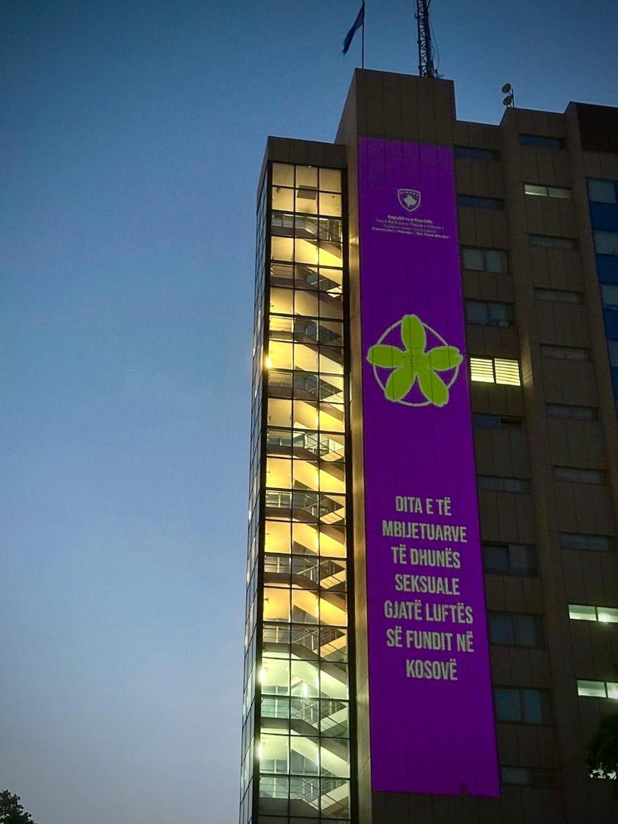 The building of the Government of the Republic of Kosova is illuminated with the anemone flower, in support of survivors and the fight against the stigma of sexual violence, used as a weapon of war in 1999 by Serbia in Kosovë.