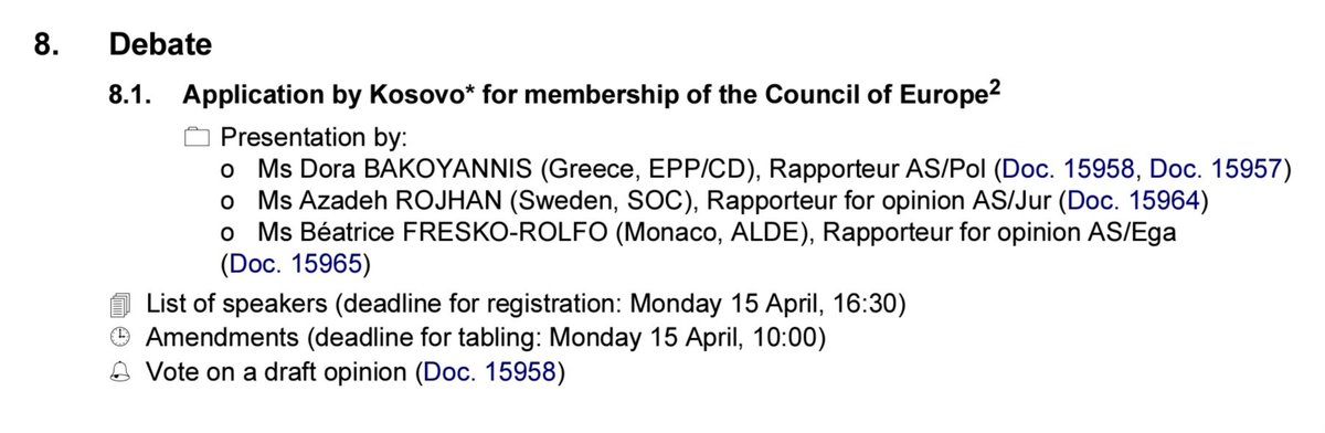 The @PACE_News plenary debate + vote on whether to Recommend Kosovo be invited to become the (new) 47th Member State of the @CoE takes place TOMORROW A positive recommendation is not the end game but it is a point of no return; a question of when, not if Kosovo becomes a member.