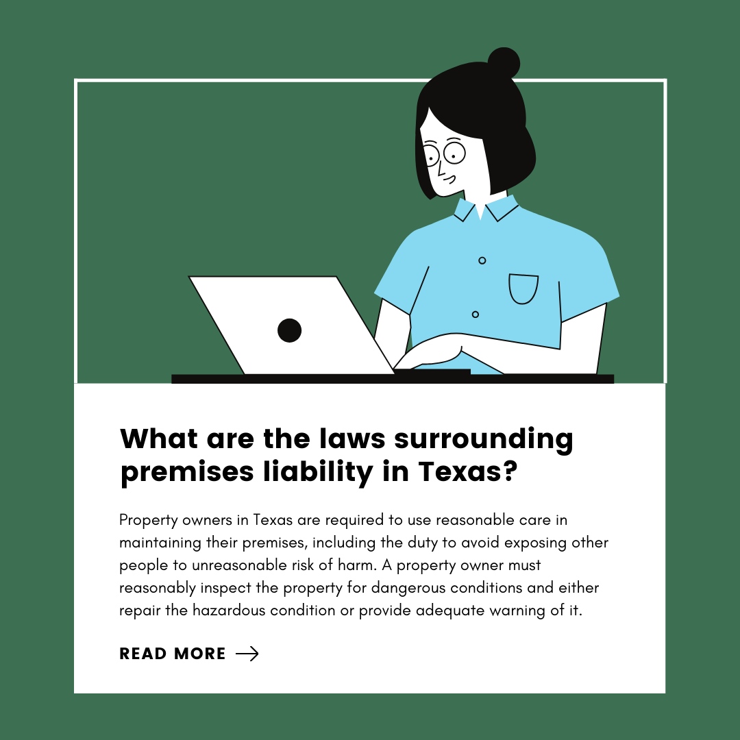 Wondering about premises liability laws in Texas? 🤔

Go to our blog page to find out more! 📲
.
.
.
#GreeningLawPC #LawFirm #Dallas #AccidentAndInjury #PremisesLiability #Injury