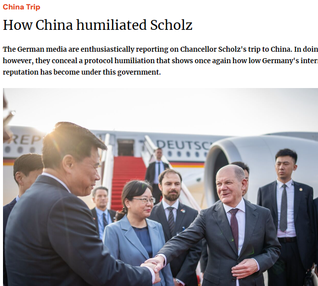 How China humiliated Scholz: 'The German media are enthusiastically reporting on Chancellor Scholz's trip to China. In doing so, however, they conceal a protocol humiliation that shows once again how low Germany's international reputation has become under this government.'…