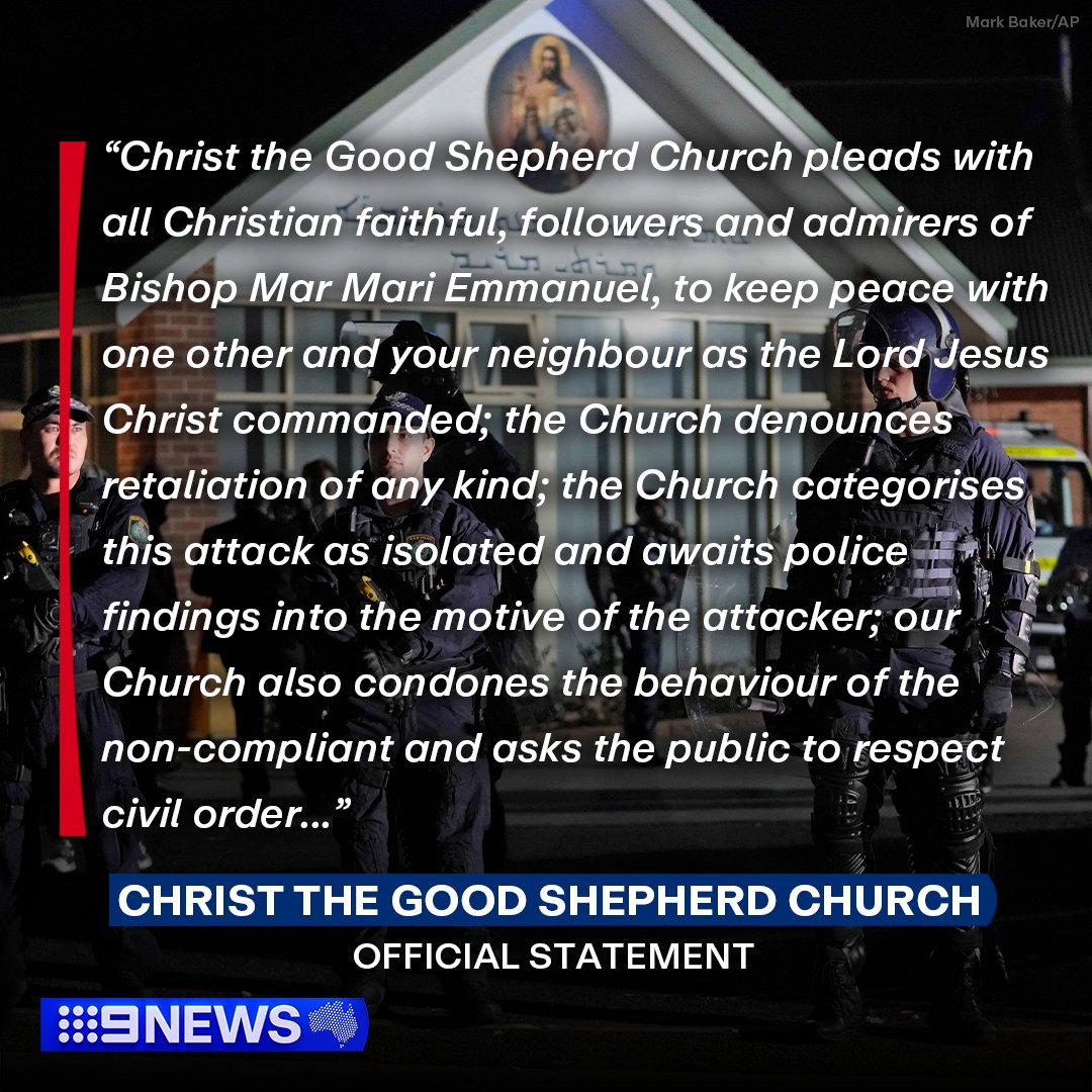 The Orthodox Assyrian church in Sydney's west where multiple people, including a bishop, were allegedly stabbed by a 15-year-old boy has released a statement. The church's full statement reveals the bishop is stable and improving in hospital. #9News DETAILS:…