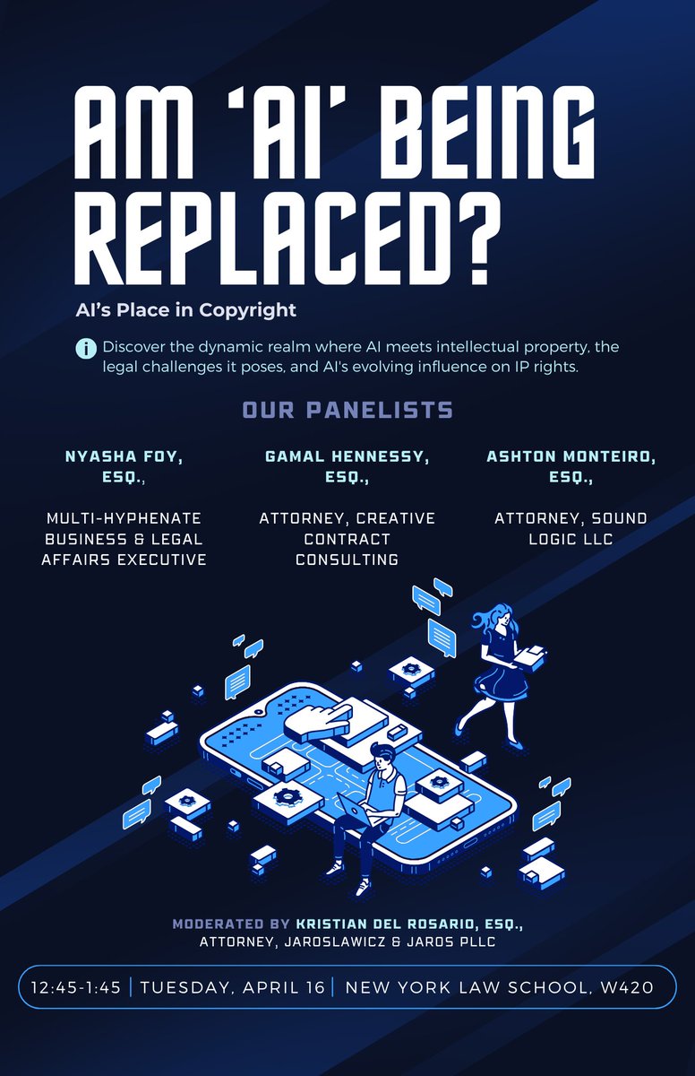I'll be speaking at my alma mater tomorrow to discuss the impact of AI on copyright and the practice of law.