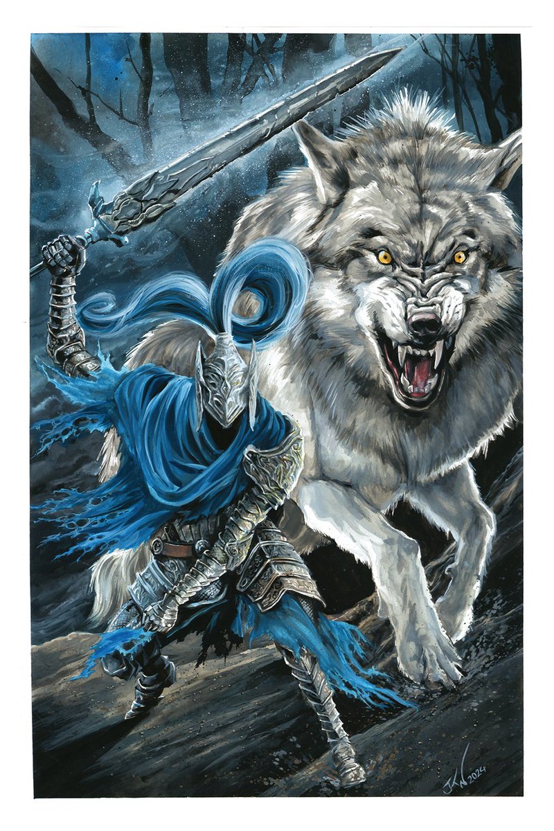 'Artorias and Sif from Dark Souls' #gouache #commision on 12x 18 #coldpress cotton paper. #art #ComicArt If you'd like a commission, there's still a couple spots left on the commission list for the second quarter. info here: jkwoodwardart.blogspot.com/2024/01/mail-o…