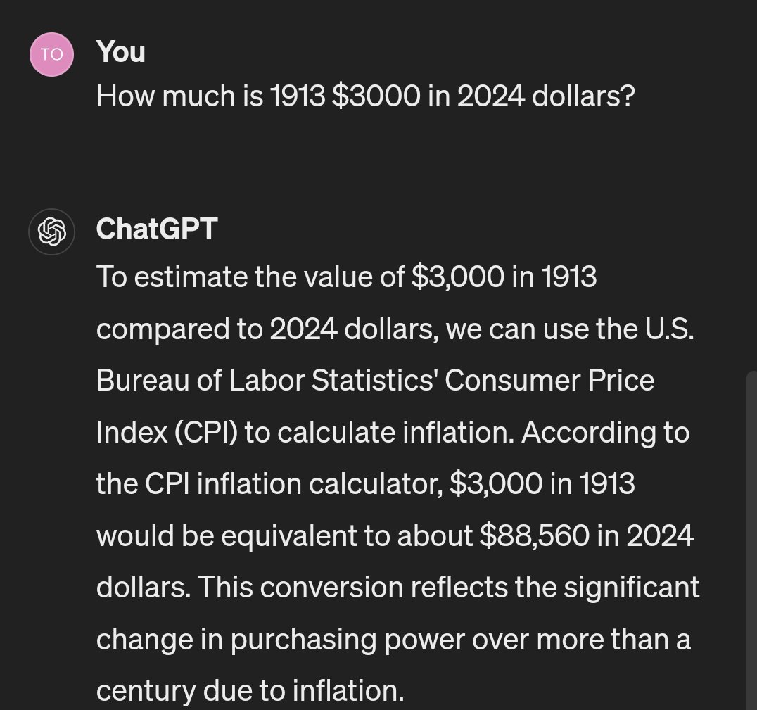 ChatGPT: How much is 1913 $3000 in 2024 dollars?